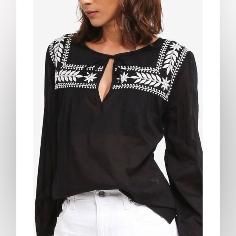 J.Crew Embroidered Top In Cotton Voile Blouse Black Ivory Sz XS H7000
